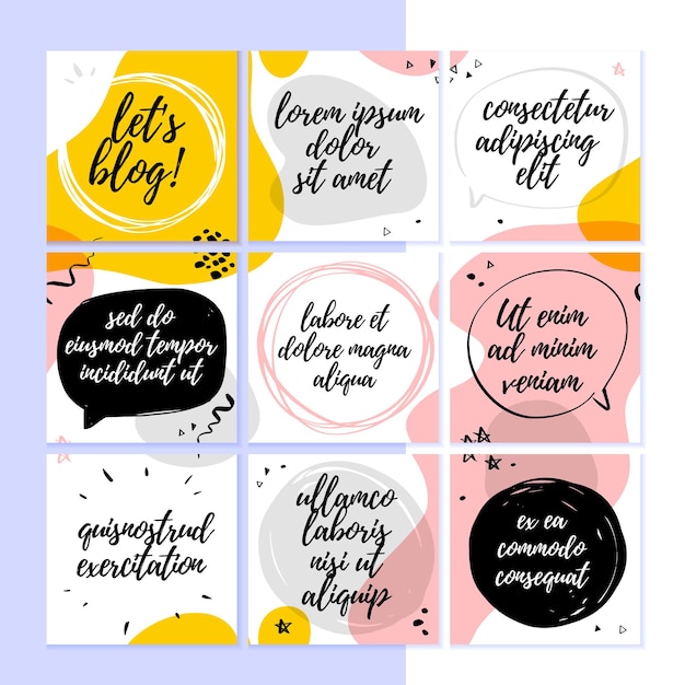 Vector vector template for social networks trendy blog layout with abstract modern pattern and elements and text spaces - speech bubbles, frames. hand drawn sketch style. abstract ui design for mobile app.