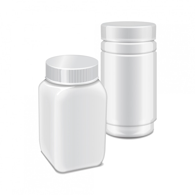 薬、錠剤、タブのスクリューキャップ付きの白いプラスチック製のボトルのベクトルテンプレート。