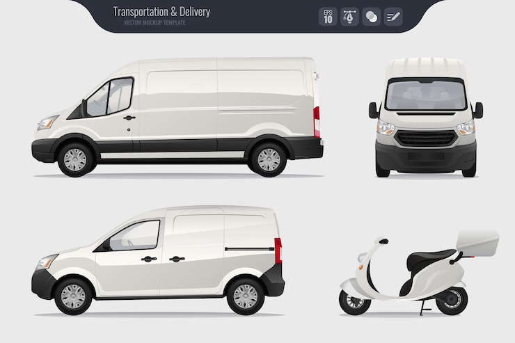 Vector vector template with detailed cargo van and scooter