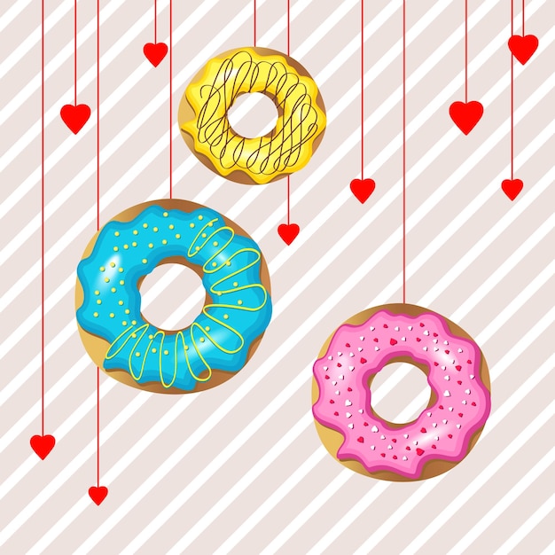 ベクトル 砂糖釉薬のドーナツの画像とベクトルテンプレートバレンタインデーのポストカードの背景