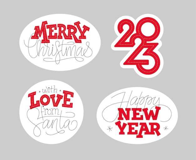 Vector vector template with typography and lettering 2023 happy new year with love from santa merry christmas for greeting card tag label sticker logo set of isolated illustrations for winter holiday