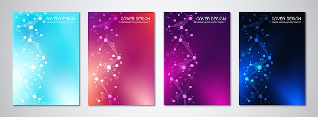 Vector vector templates for cover or brochure, with molecules background and neural network.