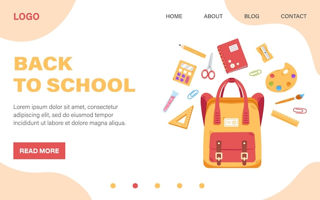 Vector terug naar school webpaginasjabloon Webbanner met rugzak met schoolbenodigdheden Schoolbenodigdheden vliegen over de schooltas Terug naar school