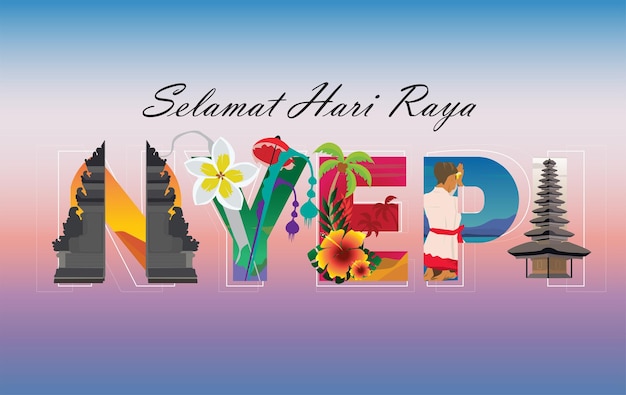 Vector vector text nyepi celebration selamat hari raya with all ornaments accessories symbols ceremony bali