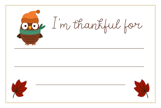 Векторная открытка на День Благодарения Я благодарен за горизонтальный шаблон письма с милой индейкой, совой, ежом. Осенние праздничные рамки для kidsxA