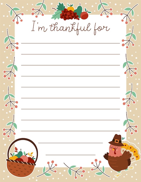 Векторная открытка на День Благодарения. Я благодарен за вертикальный шаблон письма с милой корзиной индейки с яблоками, фруктовым урожаем. Осенний праздничный дизайн рамки для kidsxA
