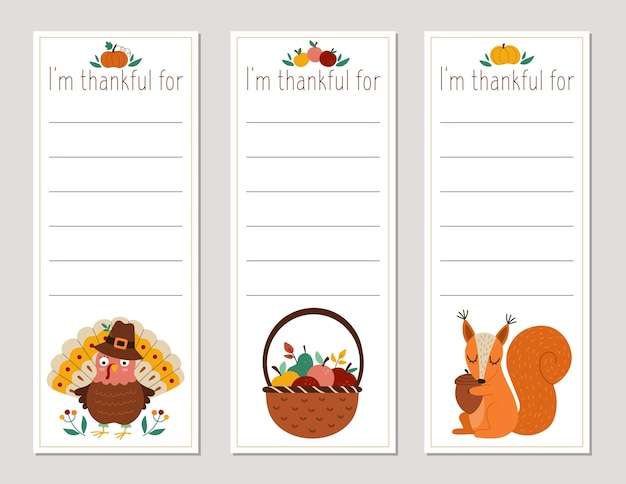 Vector Thanksgiving cards set Im thankful for vertical templates collection with cute turkey pumpkin owl hedgehog Autumn holiday frame or bookmark designs for kidsxA