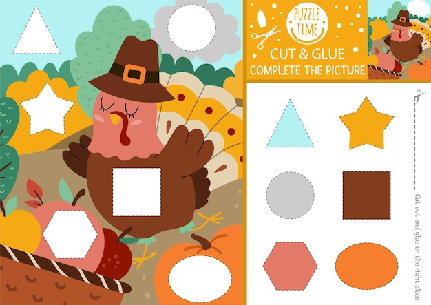 Vector thanksgiving day cut and glue activity autumn crafting game with cute farm harvest scene with turkey fun printable color and shape recognition worksheet for children complete the picturexa