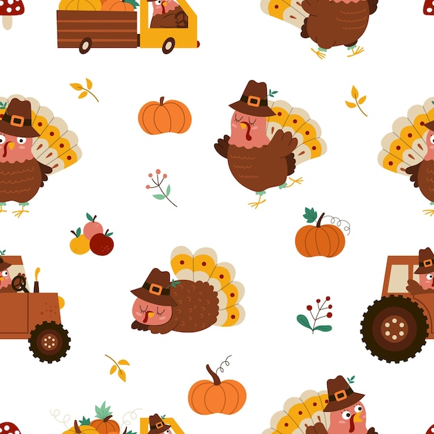 Vector thanksgiving elementen naadloze patroon herfst herhalen achtergrond met schattige kalkoen oogst pompoenen herfst vakantie digitaal papier met grappige traditionele birdxa