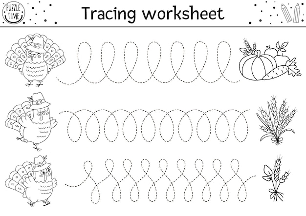 벡터 추수 감사절 필기 연습 워크시트 미취학 아동을 위한 가을 인쇄용 흑백 활동 귀여운 칠면조와 하베스트xa로 쓰기 기술을 위한 가을 추적 게임