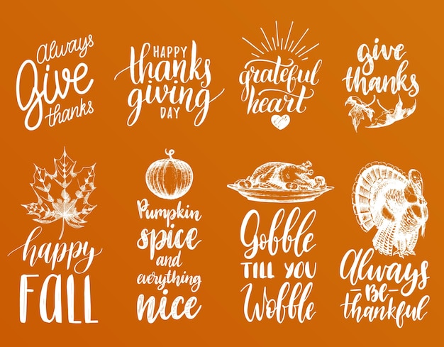 Iscrizione del ringraziamento vettoriale con illustrazioni per inviti o biglietti di auguri festivi. set di calligrafia scritta a mano di gobble till you wobble, happy fall ecc.