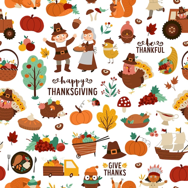 Vector Thanksgiving naadloze patroon herfst herhalen achtergrond met grappige pelgrims inheemse Amerikaanse kalkoen dieren oogst hoorn des overvloeds pompoenen bomen herfst vakantie digitale paperxA