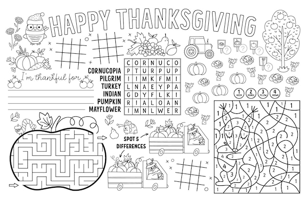 Vector Thanksgiving placemat voor kinderen Afdrukbare activiteitsmat voor herfstvakantie met doolhof, tic tac toe grafieken verbind de stippen, vind verschil Zwart-wit herfstspeelkleed of kleurplaatxA