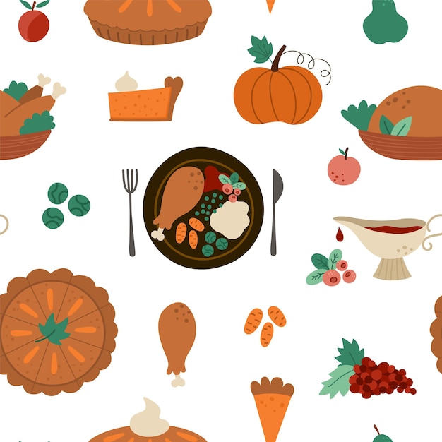 전통적인 디저트와 요리가 있는 벡터 추수 감사절 원활한 패턴 가을 휴가 식사와 함께 귀여운 재미있는 반복 배경 칠면조 호박 piexA가 있는 가을 음식 디지털 종이