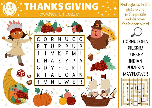 Vector thanksgiving wordsearch puzzle for kids simple autumn camp crossword with traditional symbols for children educational keyword activity with turkey pilgrim pumpkin americanxa