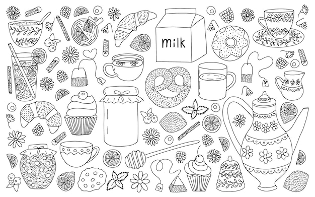 Vector theeceremonie hand getekende set thee collectie vector doodle set theepot beker bloemen desserts jam en croissant geïsoleerd ontbijt ideeën