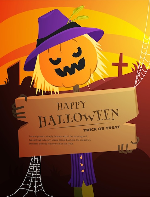 Banner a tema vettoriale per le vacanze di halloween con la zucca di jack in costume da spaventapasseri