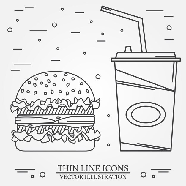 Vector vector thin line icon hamburger and soda for web design and ap