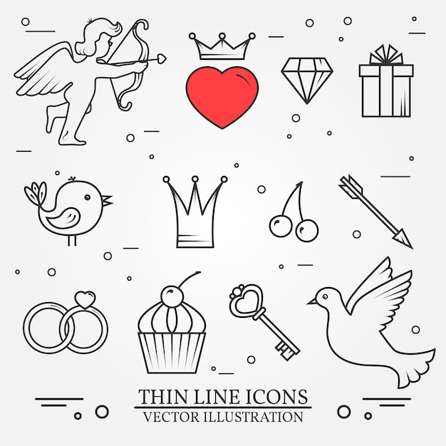 Vector thin line icons set for Saint Valentine's day and love theme