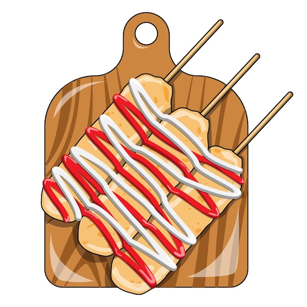 vector of three corn dog skewers on a wooden cutting board, complete with sauce and mayonnaise