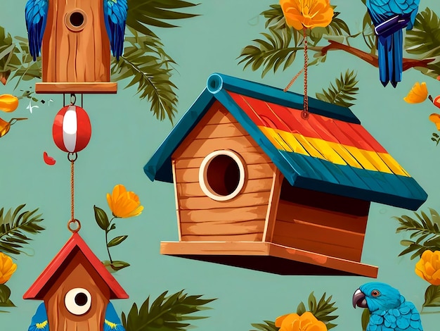 Vector vector three parrots flying around the birdhouse isolated