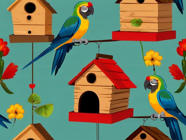 Vector Three parrots flying around the birdhouse isolated