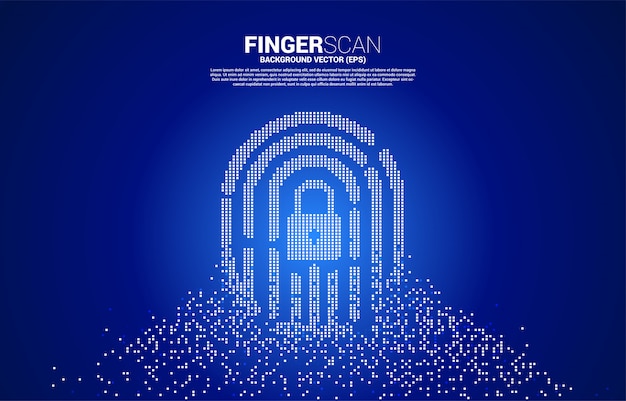 Vector thumbprint met lock pad center van pixel transformatie. concept voor vingerscantechnologie en toegang tot privacy.