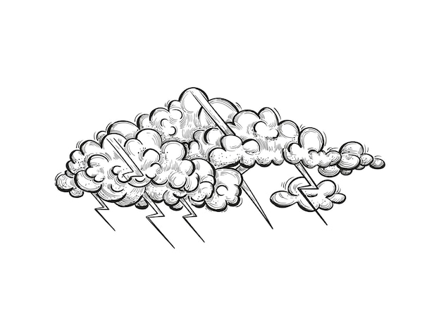 Векторная иллюстрация грозового облака в гравированном стиле ручной рисунок грозового облака с наброском молнии