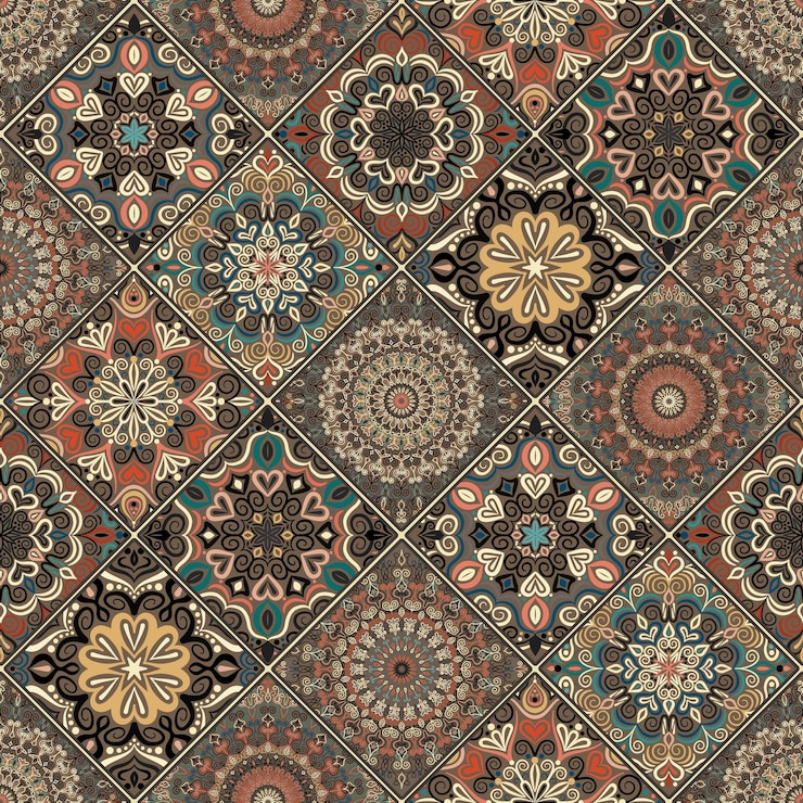 Vector vector tile seamless pattern brown floral patchwork background mandala boho oriental style rich flower ornament square design elements portuguese moroccan motif unusual flourish decorative print