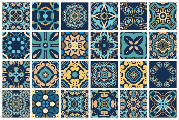 Vector tiles patterns Seamless flourish backgrounds with blue yellow flower elements Arabic decorative design for floor or wall Square symmetrical ornament Colorful weave oriental illustration