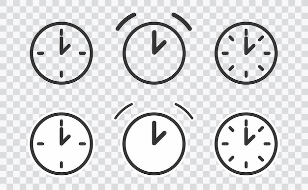 Vector time and clock icons in thin line style on transparent background