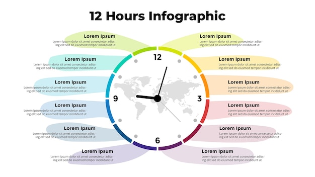 ベクトル ベクトル時間インフォグラフィック時計サークル図プレゼンテーションスライドテンプレート12時間オプション