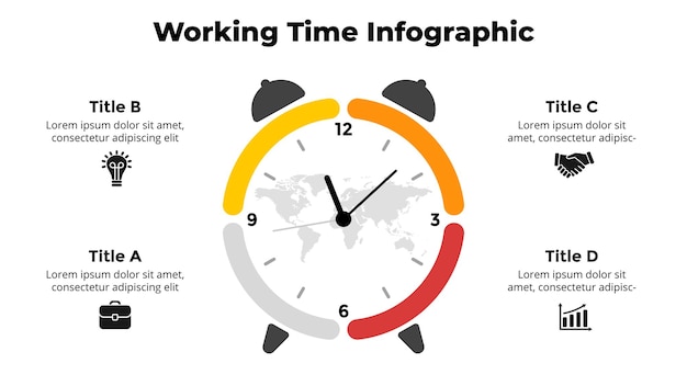 Infografica del tempo vettoriale diagramma del cerchio dell'orologio concetto di orario di lavoro modello di diapositiva di presentazione