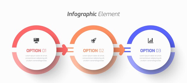 벡터 서클 라벨 화살표 아이콘과 3개의 프레젠테이션 옵션을 가진  ⁇ 터 타임라인 인포그래픽 비즈니스
