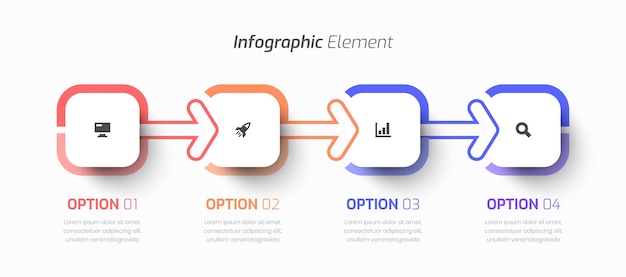 正方形のラベル矢印アイコンとプレゼンテーション用の 4 つのオプションを備えたベクター タイムライン インフォ グラフィック ビジネス