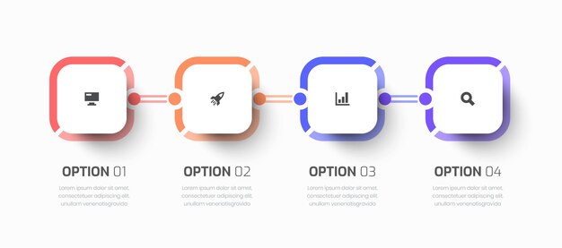 正方形のラベル ライン アイコンとプレゼンテーション用の 4 つのオプションを備えたベクター タイムライン インフォ グラフィック ビジネス