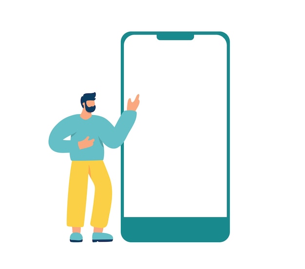 Vector tiny man standing and pointing at big blank smartphone screen Mobile phone template