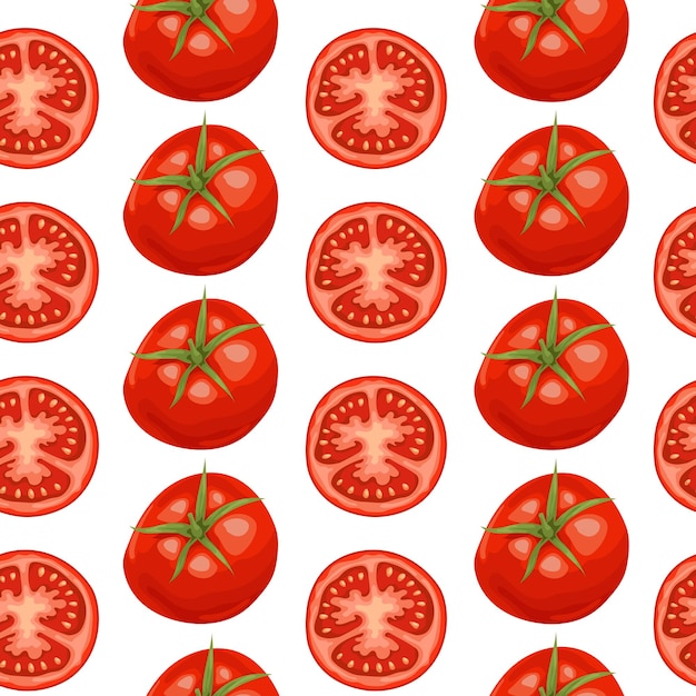 Vector vector tomaat naadloos patroon geïsoleerde tomaten en gesneden stukjes rijpe rode verse biologische tomaten illustratie ecologische vegetarisch voedsel achtergrond boerderij markt product