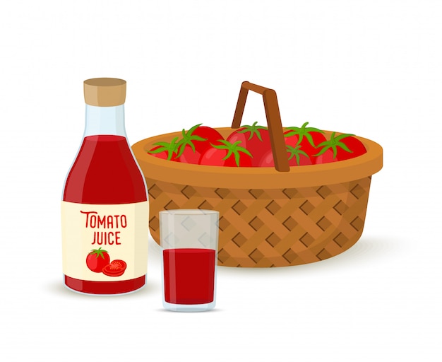 Vector vector tomato juice - glass, bottle, wicker basket with tomatoes