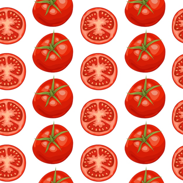 ベクトル ベクトル トマトのシームレスなパターン 孤立したトマトとスライスした部分 熟した赤い新鮮な有機トマトの図 生態学的なベジタリアン フードの背景 ファーム マーケット製品