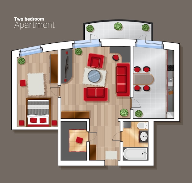 Vector top view floor plan of the house room. modern dining room, bedroom and bathroom interior with furniture