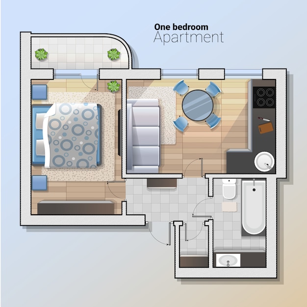 Vector top view illustration of modern one bedroom apartment.
detailed architectural plan of dining room combined with kitchen,
bathroom, bedroom. home interior