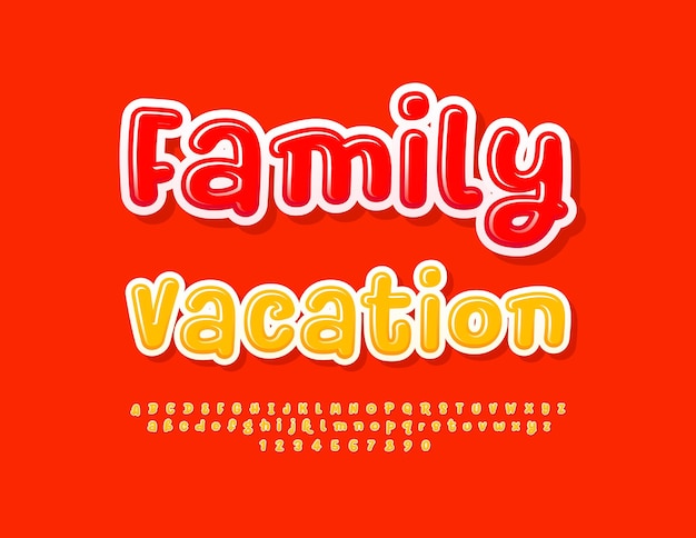 Vettore vector flyer turistico vacanze in famiglia funny sunny font playful alfabeto set di lettere e numeri