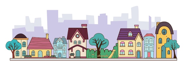 vector town life many colorful buildings with colorful roofs houses with trees vector illustration on white backhround