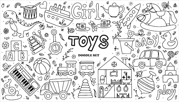 Vettore insieme degli autoadesivi di scarabocchio dei giocattoli di vettore. disegnare a mano collezione di icone di giocattoli per baby shower o album. illustrazione carina per bambini