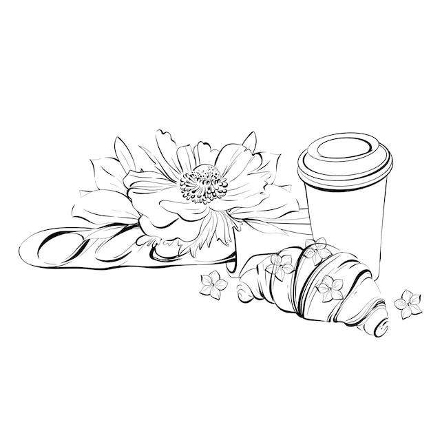 vector traditional french croissant and baguette with paper cup coffee french pastry dessert paris