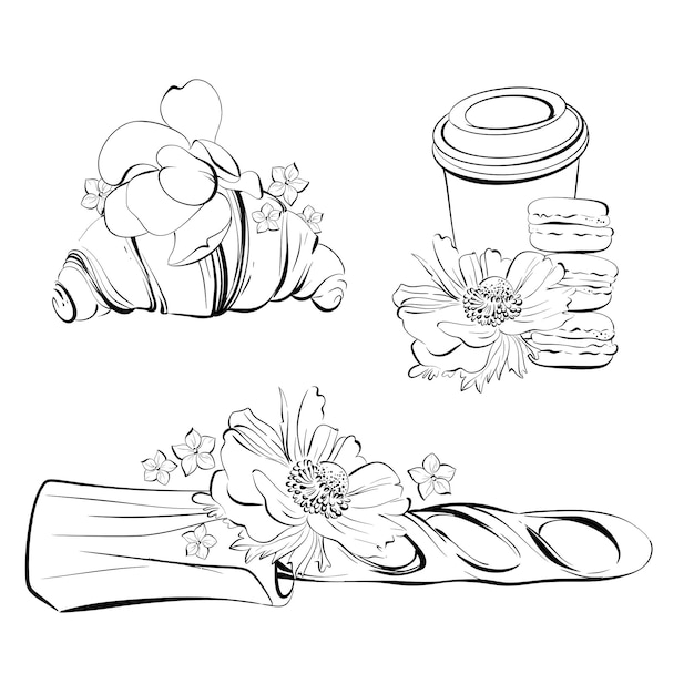 vector traditional french croissant and baguette with paper cup of coffee french pastry dessert
