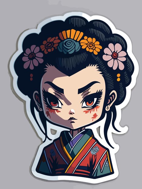 A vector traditional japanese vilage girl with a kimono and flower on head chibi artstyle