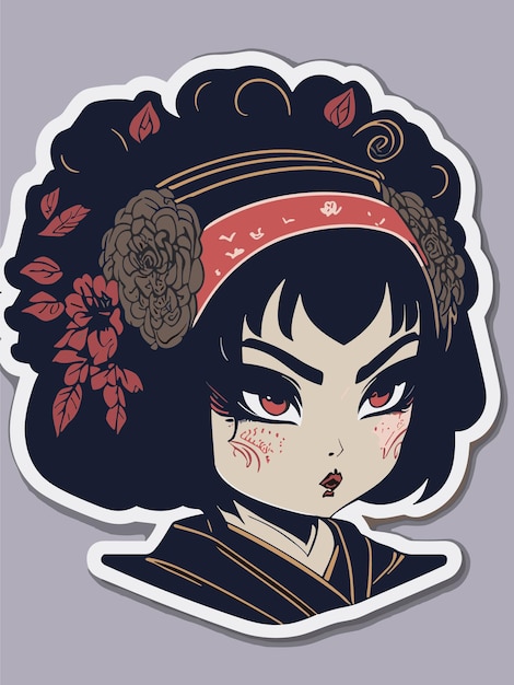 a vector traditional japanese vilage girl with a kimono and flower on head chibi artstyle