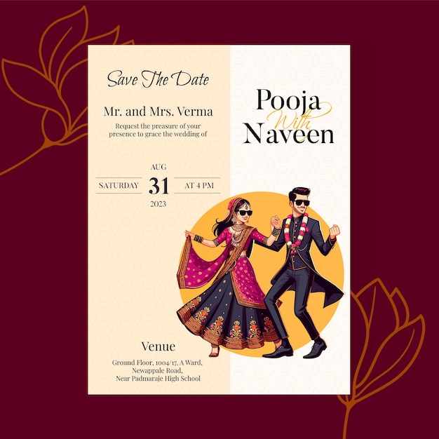 Vector vector traditional royal wedding invitation card design with indian bride and groom dancing